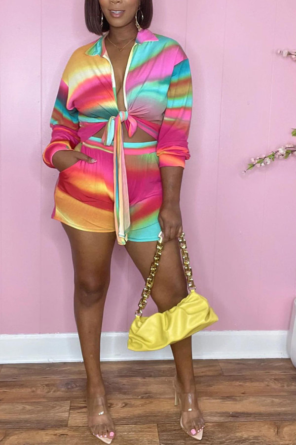Multi-color Casual Print Shirt Collar Long Sleeve Two Pieces