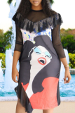 Black Fashion Print Flounce O Neck Straight Dresses