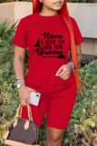 Red Fashion Casual Print Patchwork O Neck Short Sleeve Two Pieces