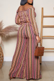 Pink Fashion Sexy Striped Print Backless Off the Shoulder  Long Sleeve Two Pieces