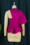Rose Red Fashion Casual Solid Hollowed Out Patchwork O Neck Tops