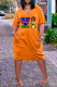 Orange Fashion Casual Print Patchwork V Neck Short Sleeve Dress