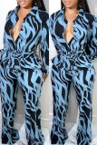 Blue Fashion Casual Print Patchwork Turndown Collar Long Sleeve Two Pieces