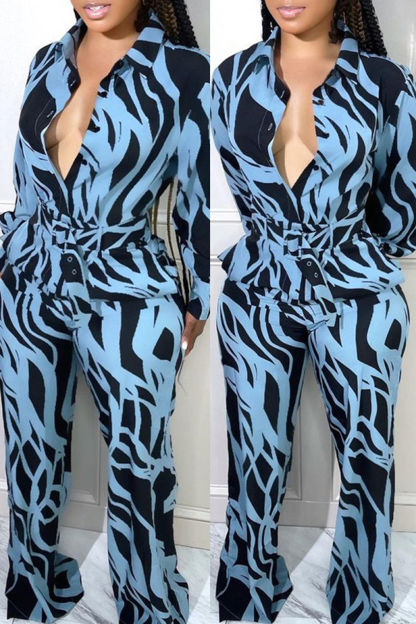 Blue Fashion Casual Print Patchwork Turndown Collar Long Sleeve Two Pieces