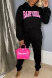 Black Fashion Casual Sportswear Daily Letter Letter Hooded Collar Long Sleeve Two Pieces