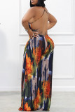 Multicolor Fashion Sexy Print Backless Spaghetti Strap Regular Jumpsuits