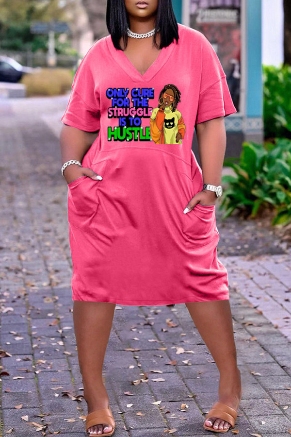 Rose Red Fashion Casual Print Patchwork V Neck Short Sleeve Dress