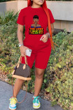Red Fashion Casual Print Patchwork O Neck Short Sleeve Two Pieces