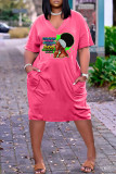 Pink Fashion Casual Print Patchwork V Neck Short Sleeve Dress
