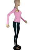 Pink Casual Sportswear Solid Hollowed Out Patchwork U Neck Long Sleeve Two Pieces