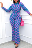 Blue Fashion Casual Print Patchwork Turndown Collar Long Sleeve Two Pieces