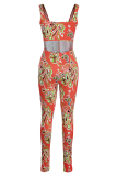 Orange Sexy Print Patchwork Square Collar Skinny Jumpsuits