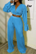 Blue Casual Solid Fold O Neck Long Sleeve Two Pieces