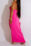 Rose Red Sexy Solid Tassel Patchwork See-through Backless Halter Strapless Dress