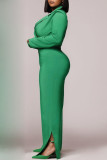 Green Fashion Sexy Solid Buttons V Neck Long Sleeve Two Pieces
