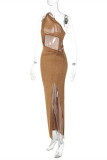 Brown Fashion Sexy Solid Hollowed Out Backless Slit Oblique Collar Sleeveless Dress