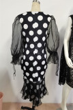 Black Fashion Casual Dot Print Patchwork O Neck One Step Skirt Dresses