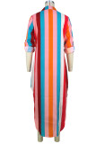 Colour Casual Striped Print Patchwork Buckle Turndown Collar Shirt Dress Dresses