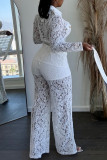 White Fashion Casual Solid Patchwork See-through Turndown Collar Long Sleeve Two Pieces