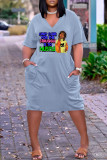 Deep Blue Fashion Casual Print Patchwork V Neck Short Sleeve Dress