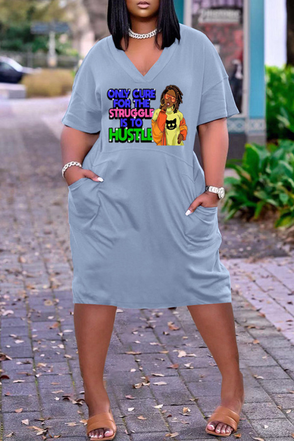 Light Blue Fashion Casual Print Patchwork V Neck Short Sleeve Dress