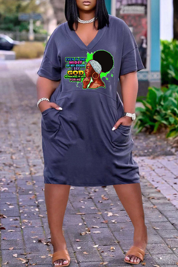 Deep Blue Fashion Casual Print Patchwork V Neck Short Sleeve Dress