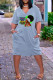 Light Blue Fashion Casual Print Patchwork V Neck Short Sleeve Dress