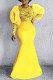 Yellow Fashion Formal Solid Patchwork See-through O Neck Evening Dress