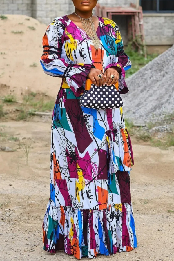 Multicolor Fashion Casual Print Graffiti V Neck Long Sleeve Dresses