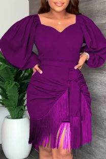 Purple Fashion Solid Tassel Square Collar Waist Skirt Dresses