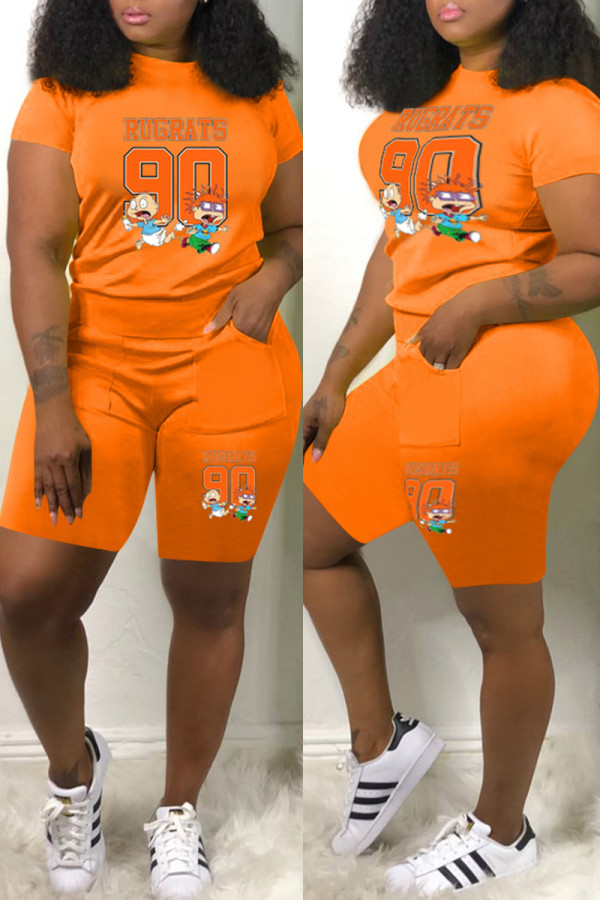 Orange Fashion Casual Print Patchwork O Neck Short Sleeve Two Pieces