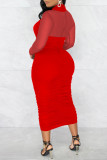 Red Fashion Sexy Solid Hollowed Out Patchwork See-through Fold Long Sleeve Dresses