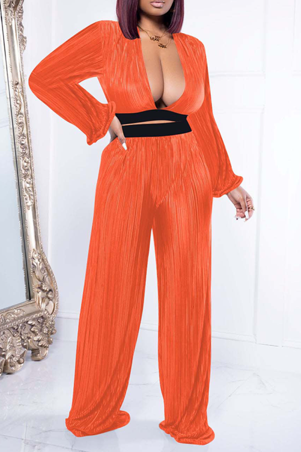 Tangerine Red Casual Solid Backless V Neck Long Sleeve Two Pieces
