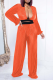 Tangerine Red Casual Solid Backless V Neck Long Sleeve Two Pieces