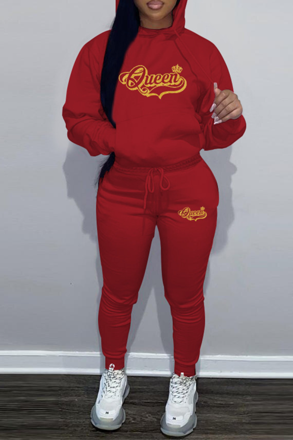 Red Fashion Print Patchwork Hooded Collar Long Sleeve Two Pieces