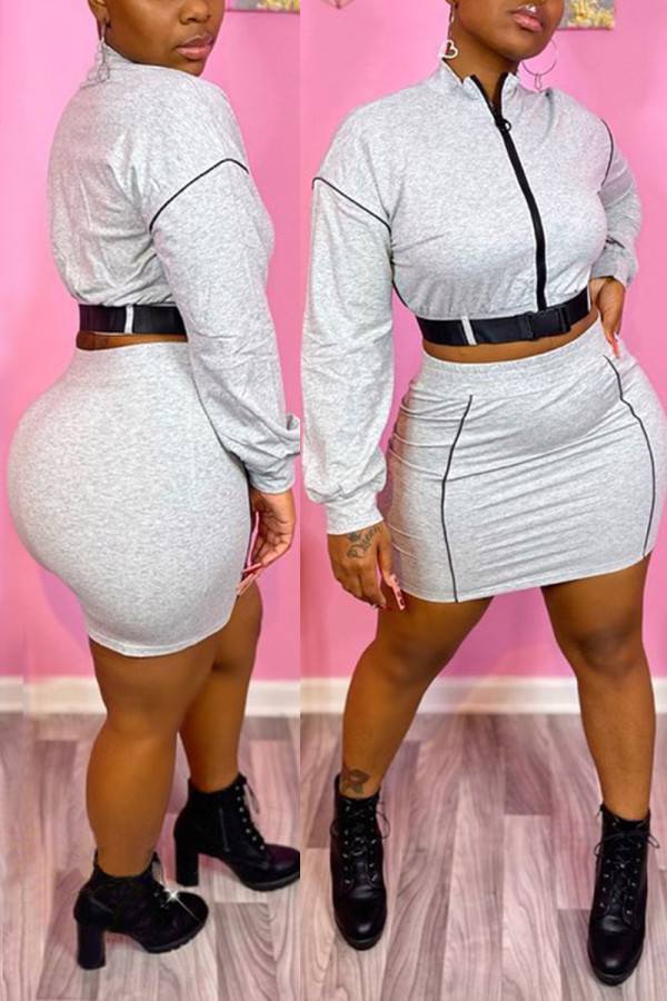 Grey Casual Zipper Two Pieces