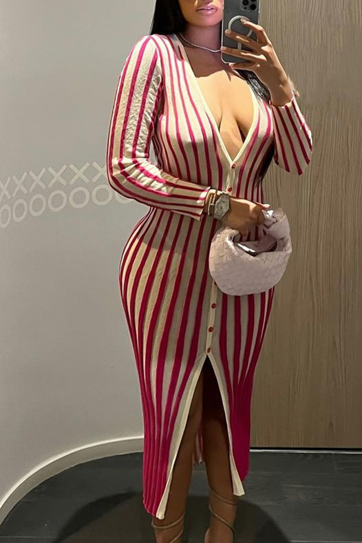 Pink Fashion Sexy Striped Slit V Neck Wrapped Skirt Dresses