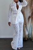 White Fashion Casual Solid Patchwork See-through Turndown Collar Long Sleeve Two Pieces