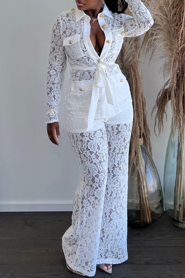 White Fashion Casual Solid Patchwork See-through Turndown Collar Long Sleeve Two Pieces