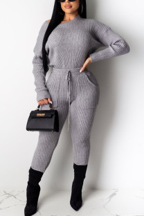Grey Casual Daily Pit Article Fabrics Solid Pullovers Pants O Neck Long Sleeve Regular Sleeve Regular Two Pieces