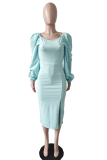 Sky Blue Fashion Solid High Opening Square Collar Pencil Skirt Dresses