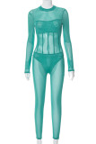 Cyan Sexy Solid Patchwork See-through Half A Turtleneck Regular Jumpsuits
