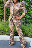 Leopard Print Fashion Casual Print Leopard Patchwork Turn-back Collar Long Sleeve Two Pieces