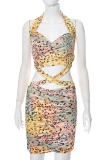 Leopard Print Sexy Print Patchwork Halter Pencil Skirt Dresses