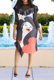 Black Fashion Print Flounce O Neck Straight Dresses