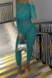 Cyan Sexy Solid Patchwork See-through Half A Turtleneck Regular Jumpsuits