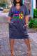 Deep Blue Fashion Casual Print Patchwork V Neck Short Sleeve Dress