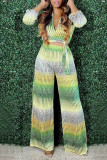 Green Casual Gradual Change Striped Print Strap Design Shirt Collar Two Pieces