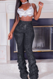 Black Sexy Solid Fold Boot Cut High Waist Speaker Solid Color Bottoms