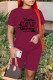 Burgundy Fashion Casual Print Patchwork O Neck Short Sleeve Two Pieces